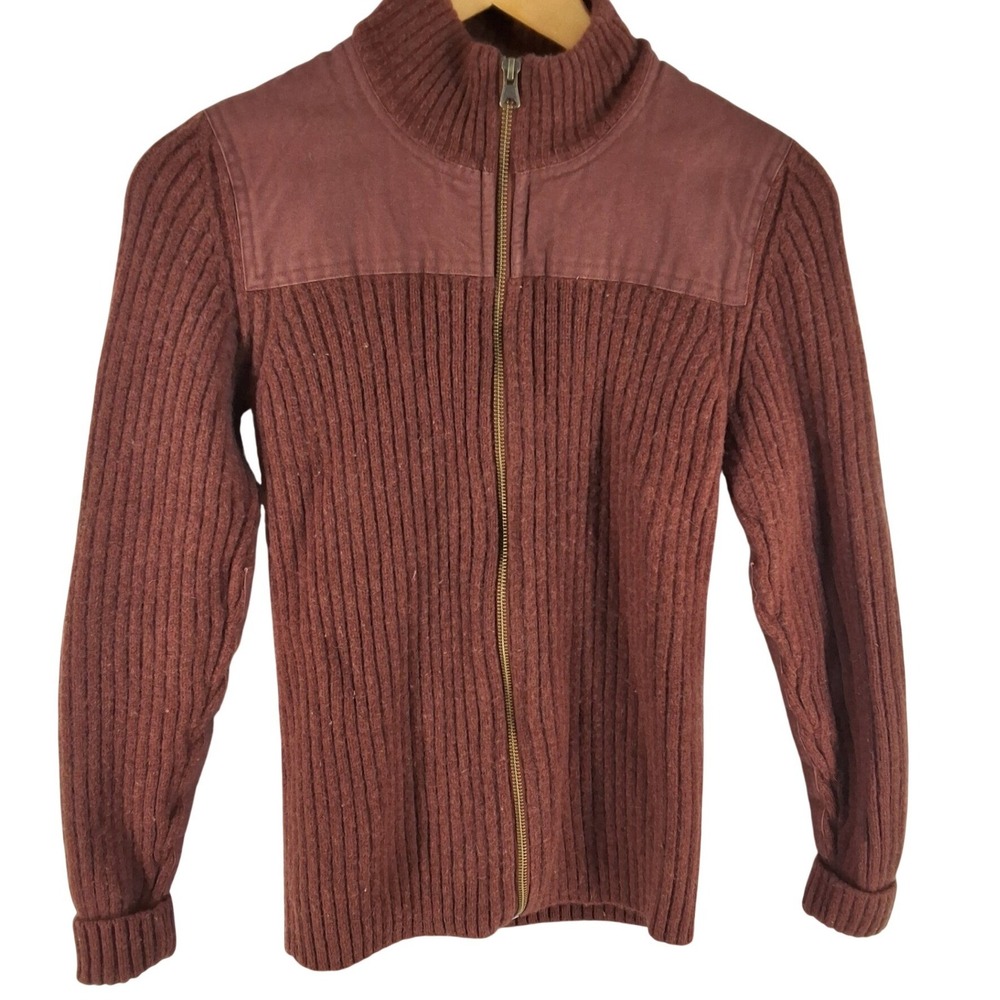 LL Bean Mens Commando Merino Wool Full Zip Ribbed Sweater Elbow Patch Brown S